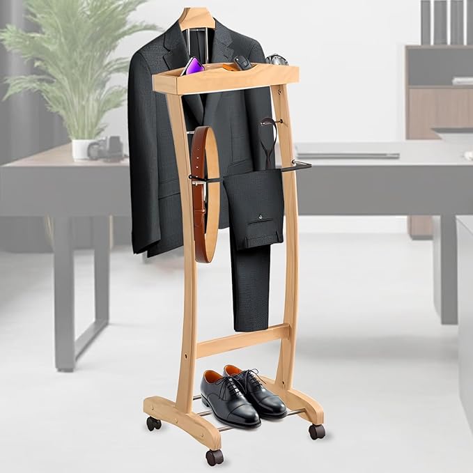 Suit Valet Stands for Women and Men Wooden Suit Valet Stand with Contour Hanger Trouser Bar and Top Storage Tray Contour Hanger Chair Valet for Entryway Bedroom(B)