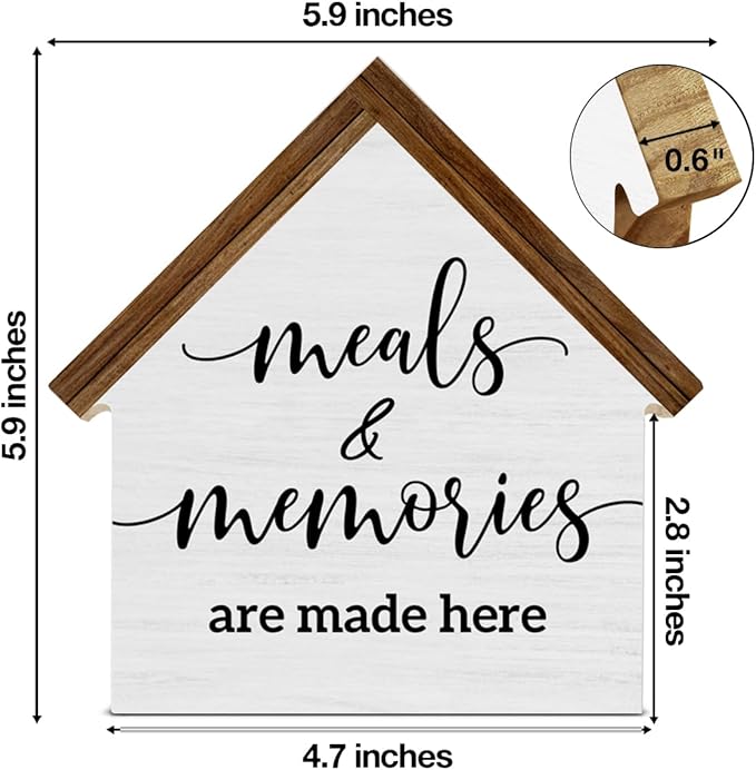 Farmhouse Kitchen Decor, Meals and Memories are Made Here House Shaped Wooden Block Sign, Rustic Dining Room Kitchen Decor for Desk Table Shelf