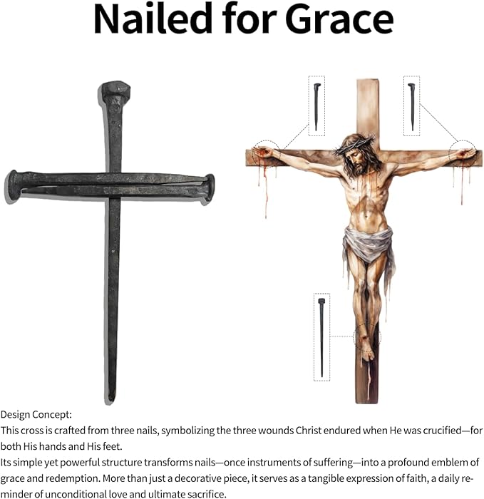 LeMeeOly Jesus Christ Crucifixion Nail Metal Cross Wooden Base, Religious Gifts for Mom Mothers Day, Baptism & Religious Gifts for Men Women,Christian Home Decor (Solid Wood Base)