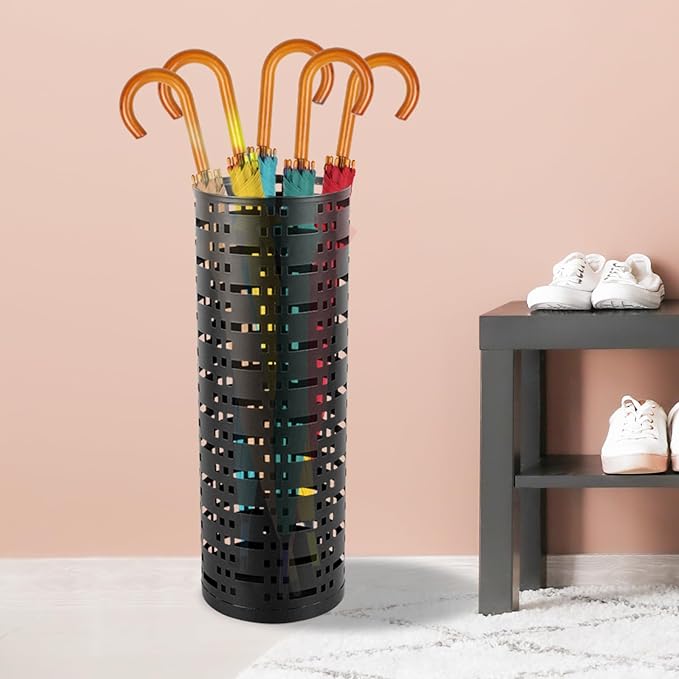Umbrella Stand Rack, Free Standing Round Metal Umbrella Holder, Walking Sticks Umbrella Bins Waterproof Umbrella Storage Rack 16.5 x 6 inch Hollow Umbrella Storage Bucket for Indoor Home Office(black)