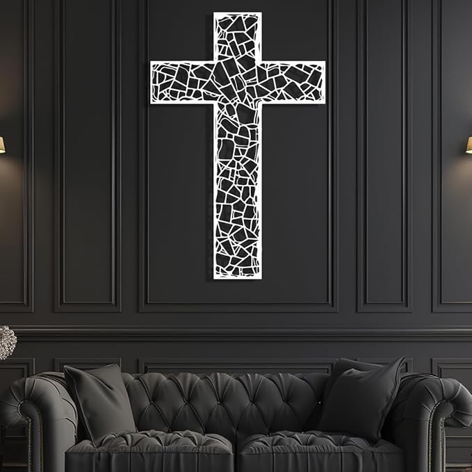 WORGO White Metal Cross Wall Decor Iron Christian Cross for Home Church, Hollow Out Artistic Hanging Ornament, Crosses Wall Decor for Living Room, Bedroom, Decorative Thankful Religious Gift 35.4x23.5 inch