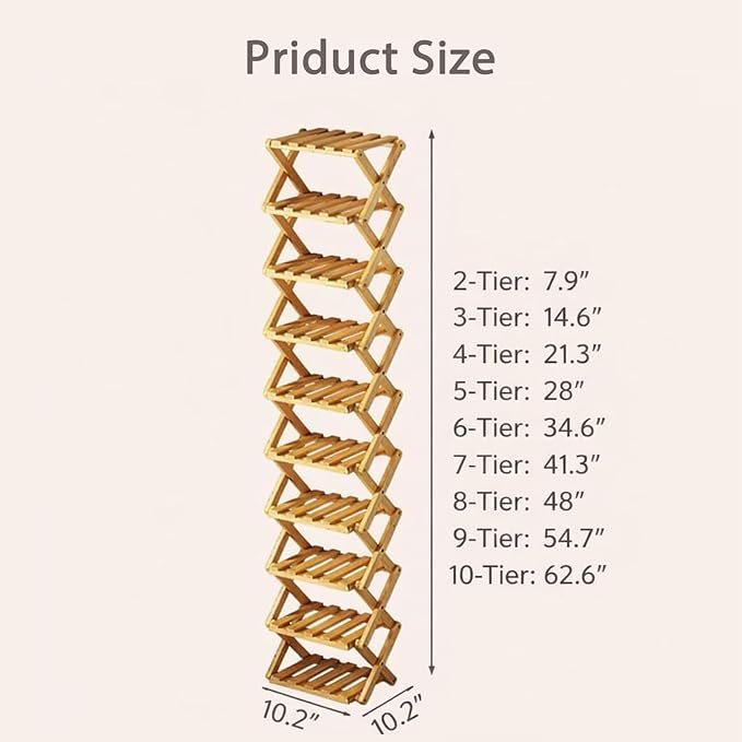 The 9-Tier No-Assembly Bamboo Rack, Folding Bamboo Shoe Rack Organizer with Collapsible Vertical Design, Space-Saving & No-Tool Assembly, for Entryways,Corners,Bedrooms,Balconies (Brown,8)