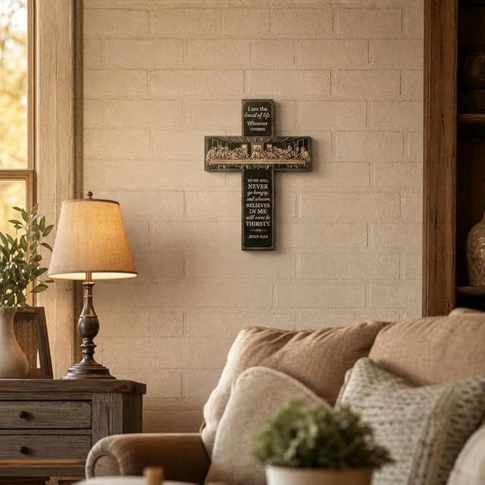 She Love Wooden Cross Wall Decor, 12 inch The Last Supper Christian Wall Cross with Bible Verse Vintage Wood Crosses Wall Hanging Art for Home Decor Easter Housewarming Blessing Gift (John 6:35)