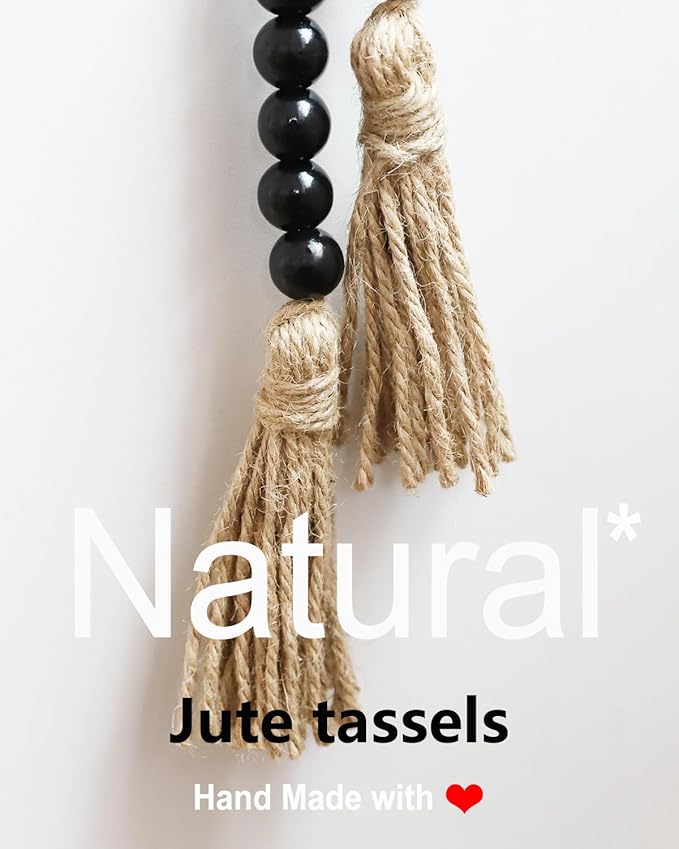 Boho Decor Wood Beads Garland Farmhouse Wall Hanging Decorations Natural Wooden Bead Tassel Decorative for Coffee Table Christmas and Prayer (Black, 39")