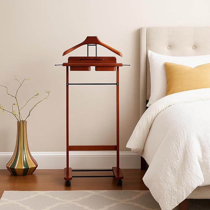 Proman Products Deluxe Suit Valet Stand VL36204 with Top Tray, Slide Out Tray, Contour Hanger, Trouser Bar, Tie & Belt Hooks and Shoe Rack, 17" W x 13" D x 41" H, Dark Cherry
