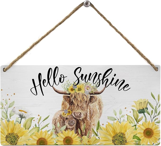Mtrgdn Summer Sunflower Highland Cow Decor,Highland Cow Wood Wall Hanging Sign,Gifts for Western Cow Lovers,Rustic Wooden Hanging Sign for Farmhouse Kitchen Decor,12x6 Inch