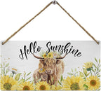 Mtrgdn Summer Sunflower Highland Cow Decor,Highland Cow Wood Wall Hanging Sign,Gifts for Western Cow Lovers,Rustic Wooden Hanging Sign for Farmhouse Kitchen Decor,12x6 Inch