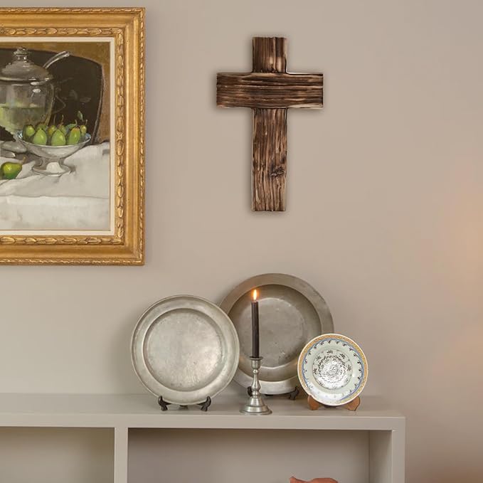 Christian Wood Cross Wall Decor - Minimally Primitive Wood with Textured Style Wooden Wall Hanging Cross Farmhouse Vintage Retro Home Decer (Minimalist Style)