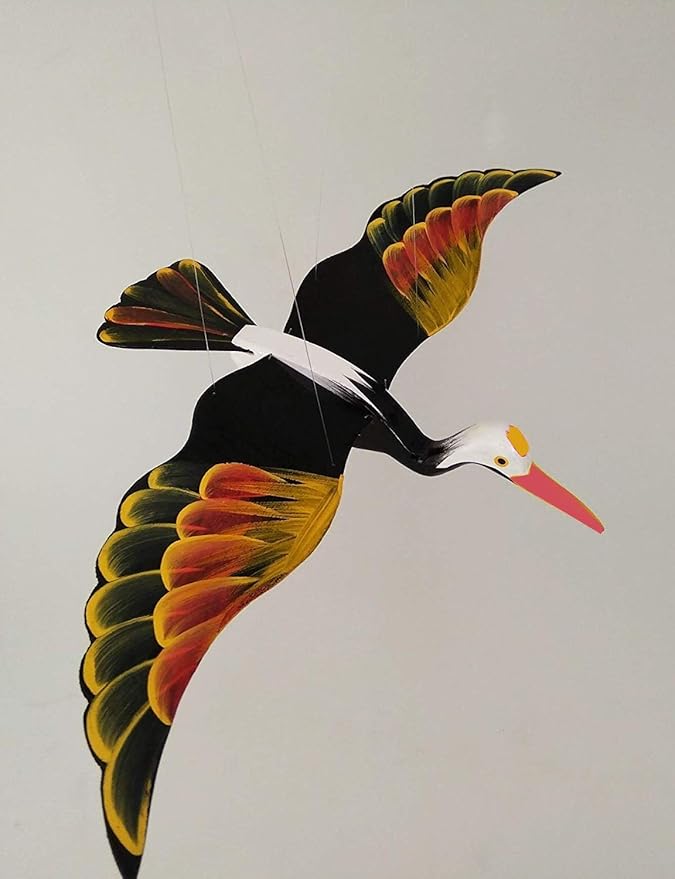 WitnyStore Wooden Bird Mobile 24" Black Crane Stork Hand Made Painted Wood Flapping Wing Birds Hanging Ceiling Decor Wind Chimes Handcrafted Art Animal Decorative Collectibles Décor Gifts Souvenirs