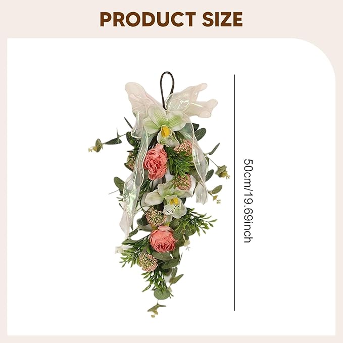 Artificial Floral Teardrop Swag Front Door Swag Romantic with Hanging Loop Spring Wreath for Cafe Anniversary Office Wedding