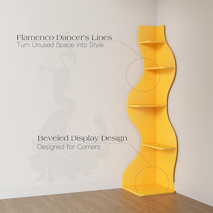 YOWOS Modern Corner Shelf, 5 Tier High Corner Bookshelf for Small Spaces, Scalloped Corner Bookshelf and Storage, Wooden Display Stand for Plants, Books and Decorations (Yellow)