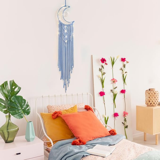 Macrame Moon Dream Catcher for Girl, Blue Boho Crescent Dreamcatcher for Bedroom Adult, Handmade Nursery Room Wall Hanging with Star Pendant for Teen Boy, Bohemian Home Decoration Idea