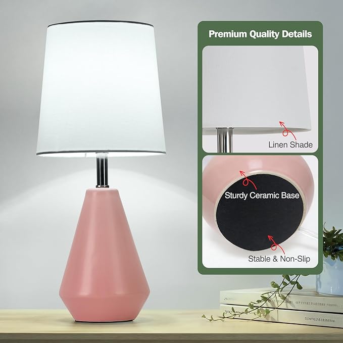 Small Bedside Table Lamp for Bedroom - Reading Desk Lamp with 3 Color Temperatures，15.5" Nightstand Ceramic Lamp with Fabric Shade for Kids Room,Living Room,Dorm,Home Office (Pink+White)