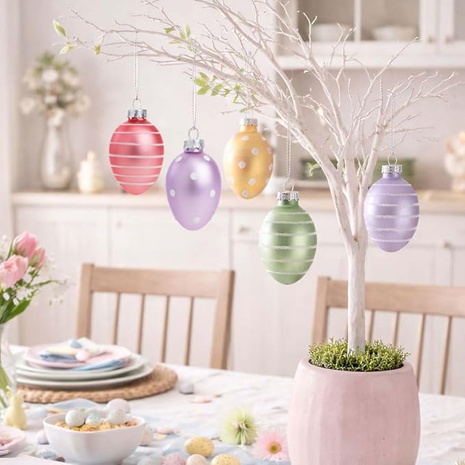Lillian Vernon Pastel Frost Blown Glass Easter Ornaments - Handcrafted Hanging Tree Decorations, Easter Egg Holiday & Party Decor, 2 in, Assorted, 12-Piece Set