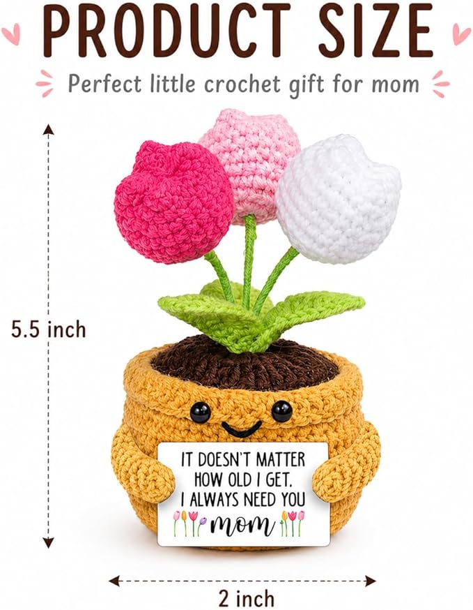 Velyra Tulip Crochet Doll, Handmade Style Emotional Support Plush Toy Figure, I Always Need You Mom Positive Flower Pot Doll, Mother's Day Birthday Gift from Daughter Son, Desk Shelf Decor