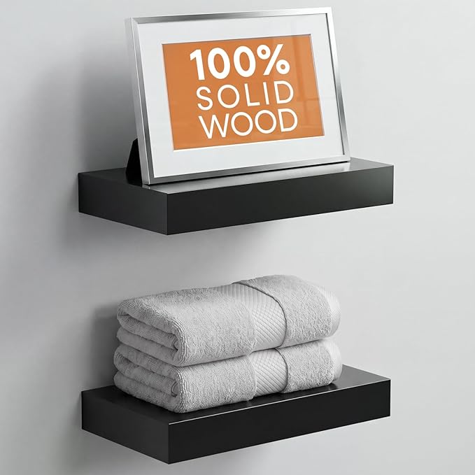 Homeforia Floating Shelf Black 12 inch, High End Solid Real Wood Small 12inch Floating Shelves for Wall Mounted, Black Wooden 12 in Floating Shelves, Heavy Duty Bracket, 12 X 6.5 X 1.75 inch, Set of 2
