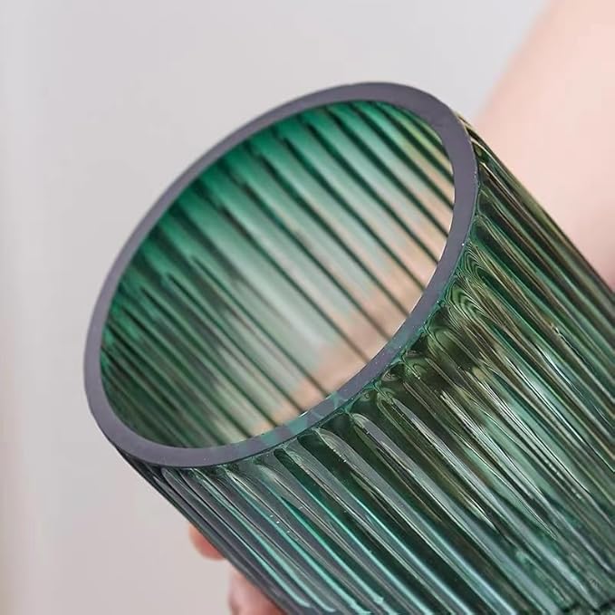 Flower Vase 9.7 inch Green Thickened Hand Blow Glass Vase Round Vintage Striped Bottles for Bookshelf,Dinner Table,Indoor Office Desktop,Meeting Room,Bathroom,Countertop,Home