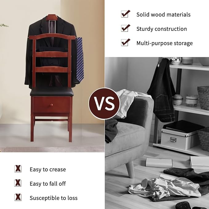 Wooden Suit Valet Stand with Contour Hanger Tie Bar Belt Hooks Chair Valet with Drawer Freestanding Clothes Stand Standing Hanger for Living Room, Entryway, Bedroom(Light Brown)