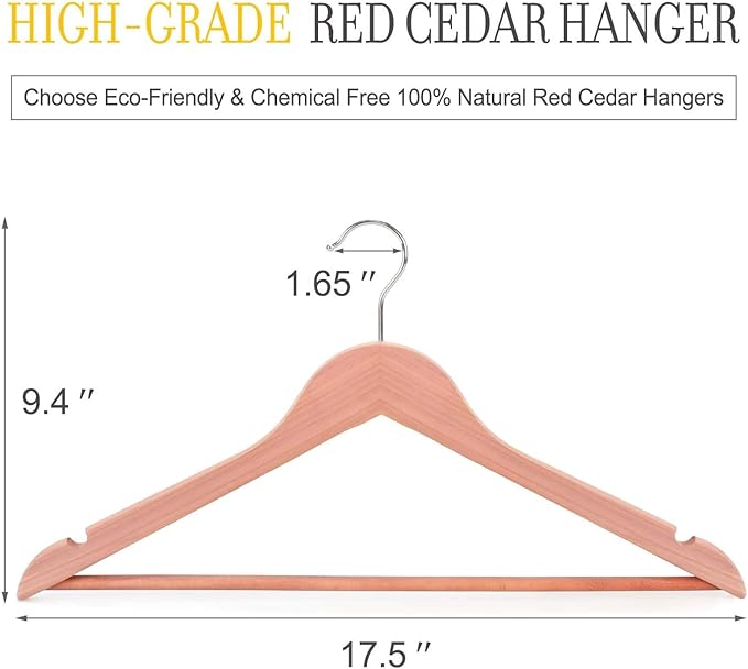 TOPIA HANGER American Red Cedar Wooden Hangers 18 Pack, Clothes Hangers for Closet, Wood Suit Hangers with Smooth Cut Notches, 360°Flexible Hook, Non-Slip Pants Bar(Natural)- CT22C