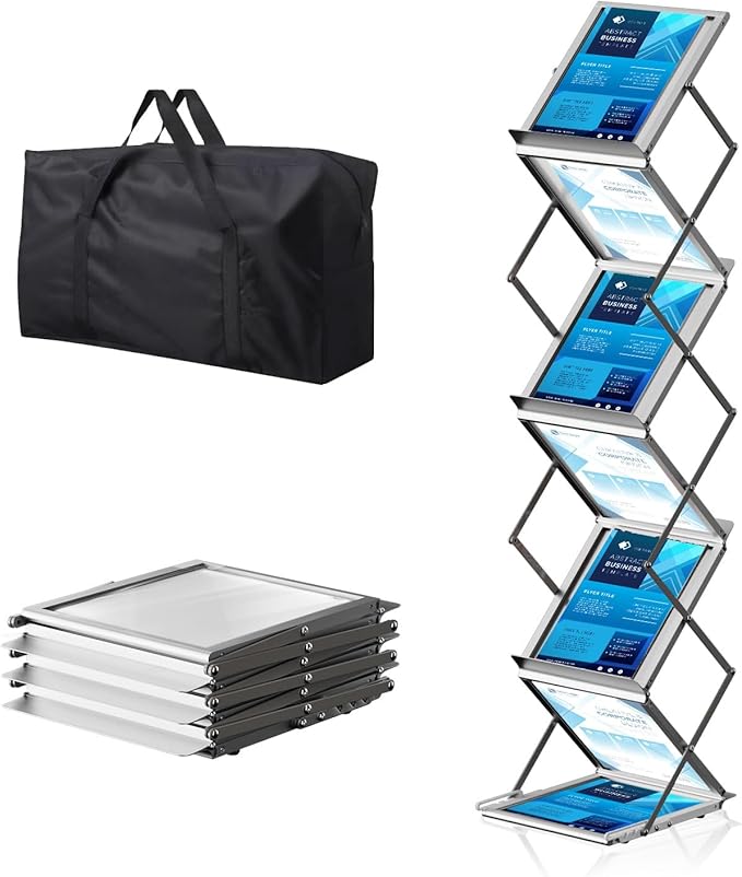 6 Pockets Foldable Literature Rack - Aluminum Magazine Rack, Brochure Catalog Display Stand with Carrying Bag for Exhibition, Trade Show, Office, Retail Store, Home - Silver