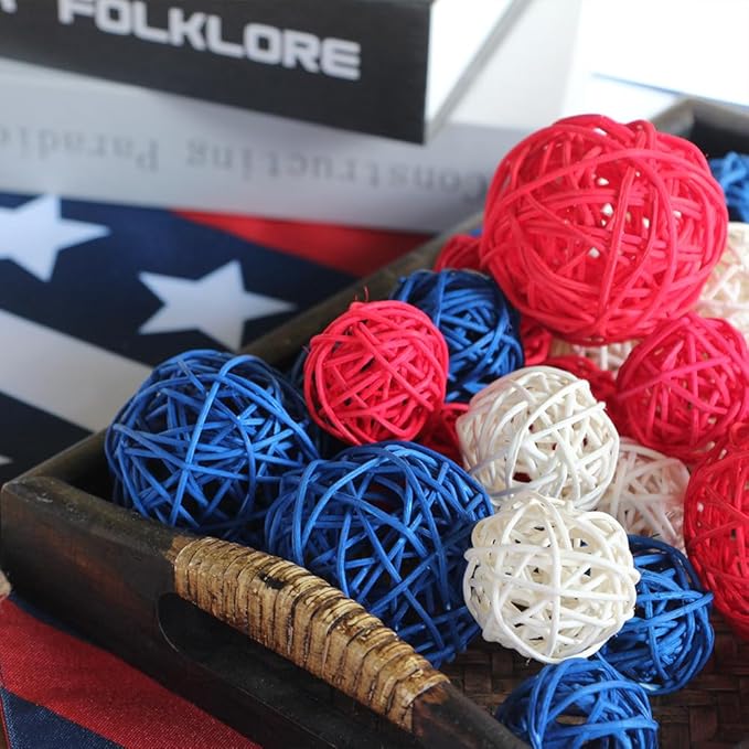Qingbei Rina 4th of July Wicker Rattan Balls,Independence Day Decorative Balls for Bowls,Vase Filler for Centerpieces,Red White Blue Bowl Fillers for Home Decor,Memorial Day 20 PCS