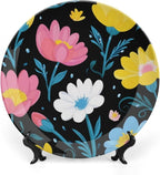 Flowers Theme Decorative Ceramic Plate Round Porcelain Plate,7 inch,Nature Pattern,for Decorative Ornaments Giving Plates,1 Plate with 1 Display Stand,Pink Yellow