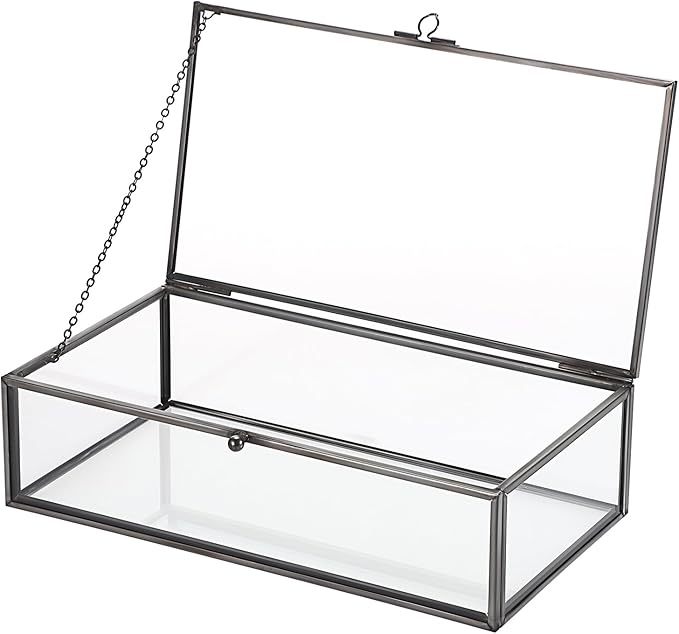 Hipiwe Glass Keepsakes Display Box with Lid - Decorative Black Glass Box Clear Rectangle Storage for Trinket Perfume Cards Gift