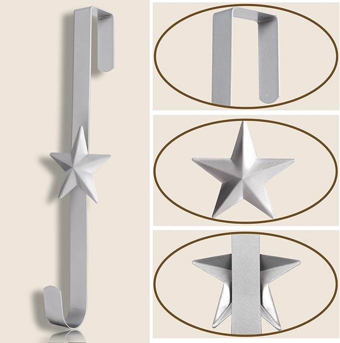 3 Pcs 15 Inch Wreath Hanger for Front Door Star Pattern Garland Hanger Over The Door Metal Door Wreath Decoration Hanger Hook for Various Festive Wreaths Hanging Towels Coats Etc (Silver)