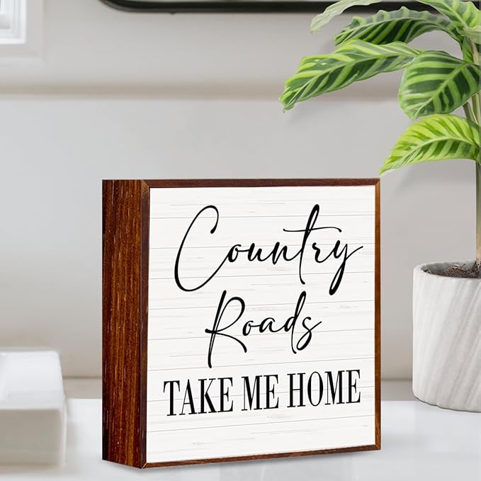 Country roads, County Home Farmhouse Sign Desk Decor Wooden Box Sign Gift, Rustic Wood Block Plaque Box Sign for Home Kitchen Bathroom Shelf Table Decoration Country Roads Take Me Home Sign.(white)