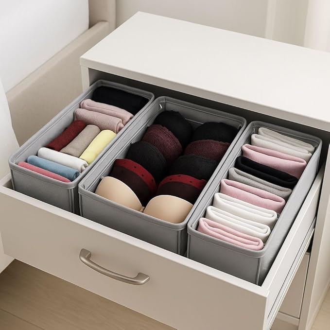 4-Pack Foldable Drawer Organizers with Metal Frame Support – Sturdy Fabric Storage Bins for Socks, Underwear, Baby Clothes & Belts, Closet Dividers (Grey) (11.8 x 5.9 x 4.21 inc)