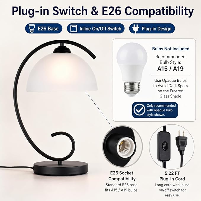 Modern Bedside Table Lamp with Frosted Glass Dome Shade, Sand Black Metal Base, E26 Socket, Plug-in with On/Off Switch for Bedroom, Living Room – No Bulb Included