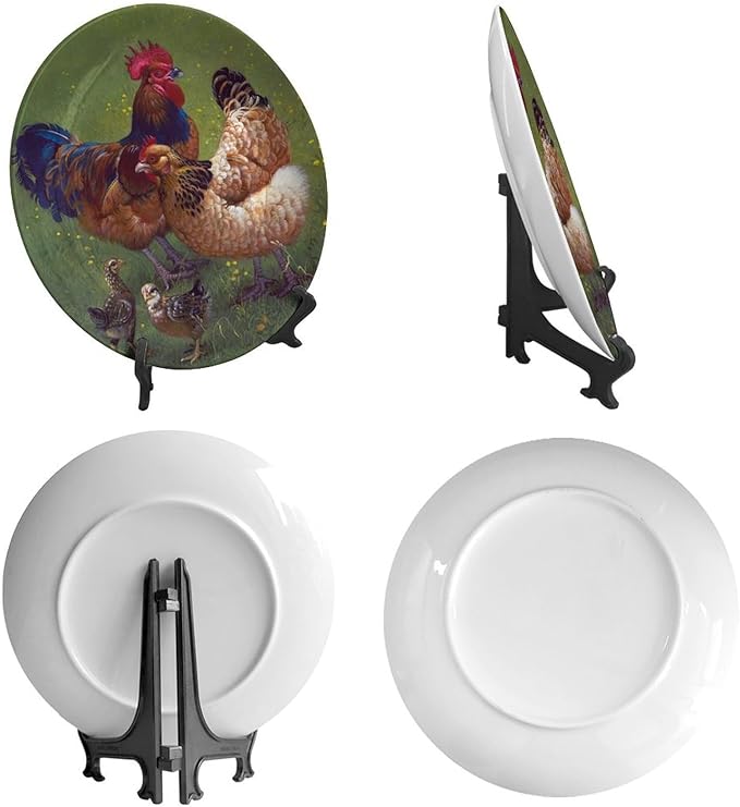 Rooster Decorative Ceramic Plates, 10 Inch, Rooster Chicks Hang Out on The Lawn Round Display Plate, Home Wobble-Plate with Display Stand, for Wall Hanging Living Room Bathroom Decor Gift