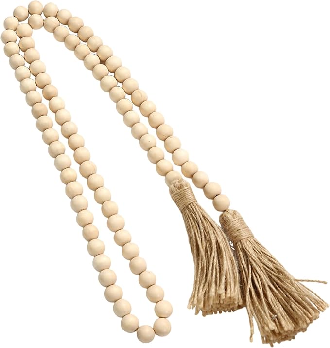 Tassels with Wood Beads 84 Large, Rustic Farmhouse Charm Stack Faux Decorative Accents, Fireplaces Shelves Coffee Tables for, 55 In-59 in (140 Cm-150 Cm) Home Decoration