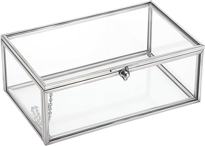 Hipiwe Vintage Glass Keepsake Box Rectangle Jewelry Display Organizer Lidded Box Home Decor Accent Decorative Box for Storage Trinket Rings Bracelet, Silver, Small