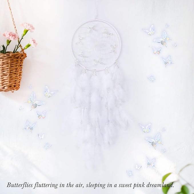 Pretty Jolly Dreamy Girls Butterfly Dream Catcher Wall Decor Fairy White Feather Baby Dreamcatcher Handmade Home Décor Wall Hanging for Nursery Bedroom Girls Birthday Gift