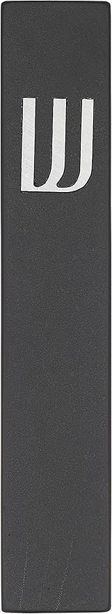 A&S Mezuzot Modern Concrete Mezuzah Case with Scroll, Easy Peel and Stick Mezuza (Black+ Silver Shin, 6 Inches)