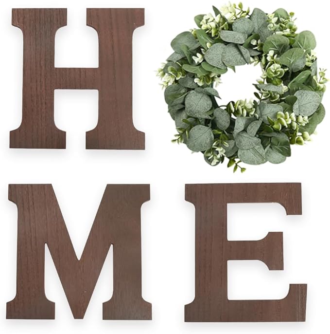 Wooden Home Sign Wall Hanging Decor Letters for Wall Art with Artificial Eucalyptus Wreath Rustic Decor Farmhouse for Living Room Kitchen Point Housewarming Gift(Brown)