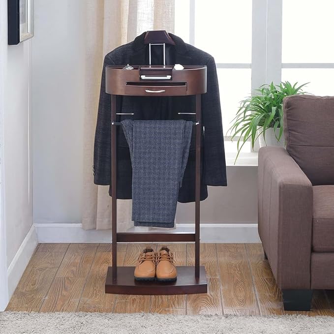 Wood Suit Valet Stand With Drawer Top Tray Freestanding Clothing Valet Stand Suit With Contour Hanger Trouser Bar Tie & Belt Hooks And Shoe Rack Clothes Rack Organizer Storage (Dark Brown B)