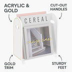 Khen Acrylic Magazine Rack Holder & Gold Trim - 12.40" x 10" x 4.49" - Crystal Lucite Clear - Shatterproof - Open Top - Space Saver - For Magazines, Publications, Office Desk, Reception, Waiting Room