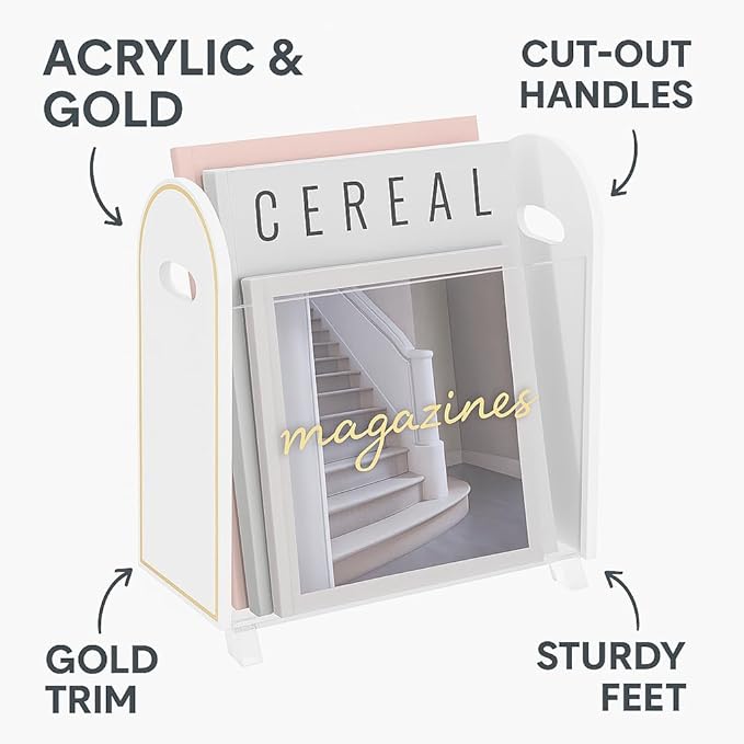 Khen Acrylic Magazine Rack Holder & Gold Trim - 12.40" x 10" x 4.49" - Crystal Lucite Clear - Shatterproof - Open Top - Space Saver - For Magazines, Publications, Office Desk, Reception, Waiting Room