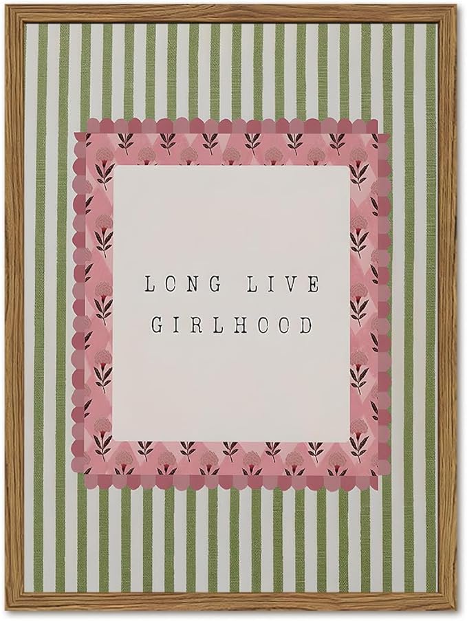 Long Live Girlhood Wall Art Vintage Girl Nursery Wall Decor Picture, Pink and Green Striped Baby Girls Poster Canvas Print Painting Artwork for Living Room Bedroom 12x16 inch Wood Framed