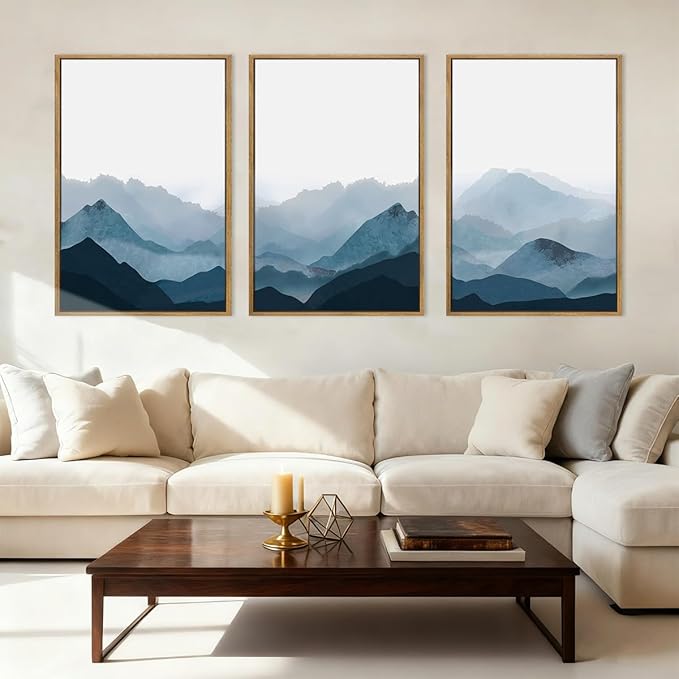 BINCUE Large Blue Mountain Wall Art Fog Blue Ridge Mountains Artwork Framed Minimalist Mountains Wall Decor Simple Mountain Pictures Landscape Artwork for Living Room Bedroom Office Farmhouse 24x36 Inch 3 Piece