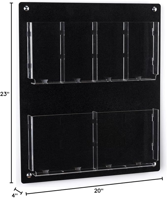 Displays2go Acrylic Wall Mounted Magazine Rack, 4-8 Adjustable Pockets, 2-Tiered - Black (2RP4BLK)
