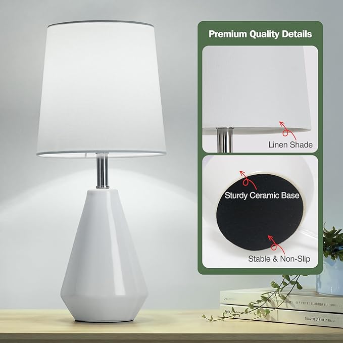 Small Bedside Table Lamp for Bedroom-Reading Desk Lamp Set of 2,with 3 Color Temperatures,15.5" Nightstand Ceramic Lamp with Fabric Shade for Kids Room,Living Room,Dorm,Home Office(White)