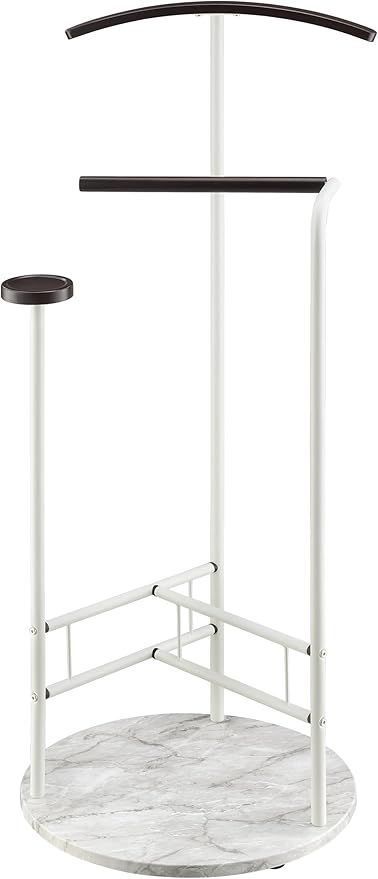Proman Products Scandia Valet Stand, Clothes Rack, Clothing Organizer with Tray, Hanger and Trousers Bar, Wood, Metal, White