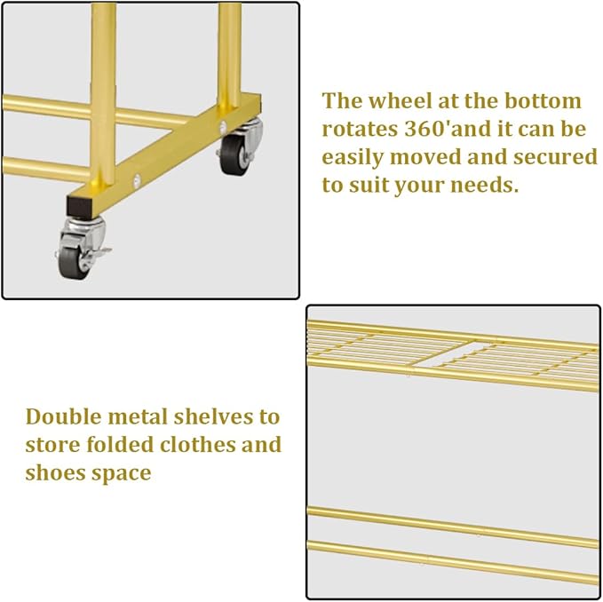 SUOERNUO Clothes Rack with Wheels Garment Rack for Hanging Heavy-Duty Clothing Rack Metal Rolling Clothes Shelves for Bedroom, Closet (Golden)