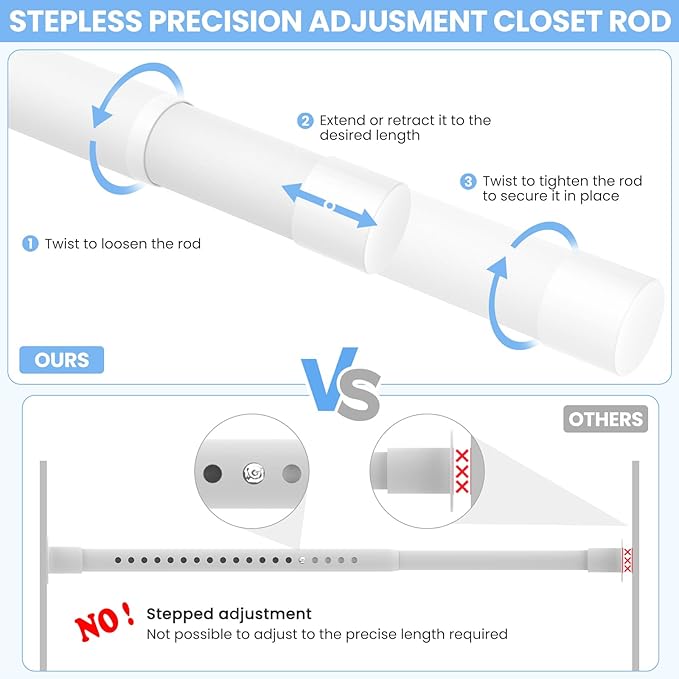 2 Pack Closet Rods for Hanging Clothes, 17 to 84 Inch Heavy Duty Stepless Adjustable Closet Hanging Rod, 1.3 Inch Diameter Metal Closet Rod for Wardrobes Laundry Bedroom RV, White