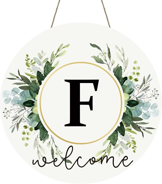 Monogram Letter F Wreaths for Front Door Wreath Wooden Welcome Sign for Front Door Decor Floral Family Last Name Initial House Warming Spring Summer Porch Rustic Wall Home Kitchen Boho Decorations