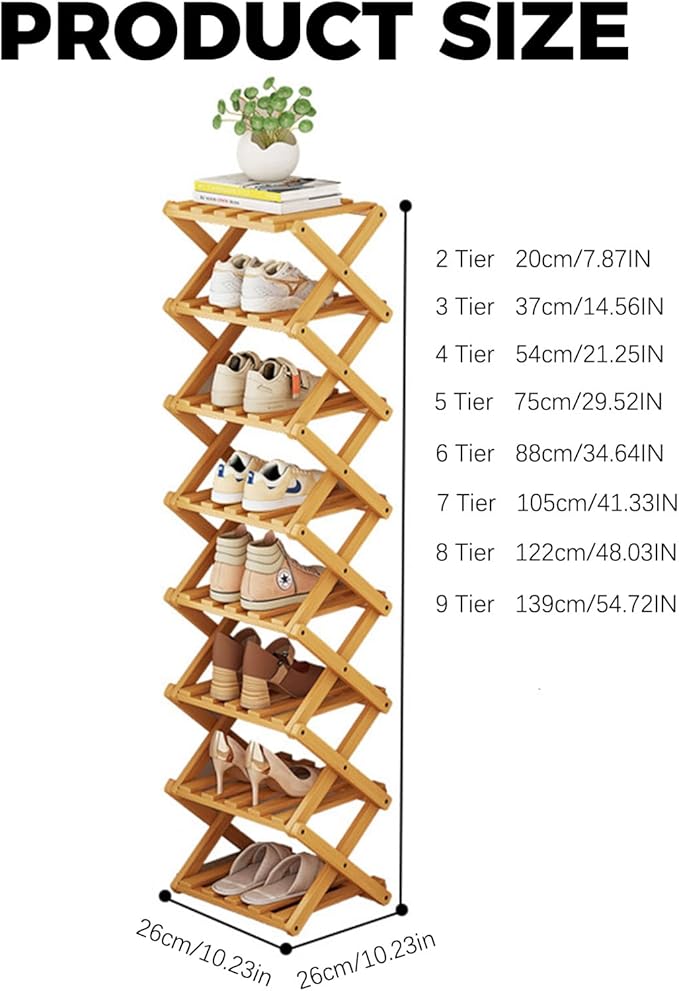 2/3/4/5/6/7/8/9 Tier Bamboo Shoe Rack - Foldable,No Installation Needed,Space-Saving Multi-Tier Storage for Indoor & Balcony Use (Brown,7 Layers)