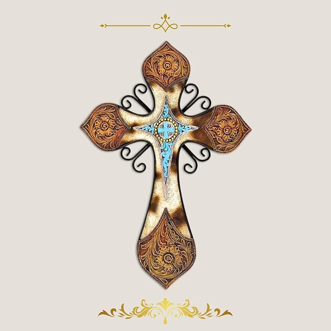 AMAJY Rustic Western Style Cowhide Faux Tooled Leather Wall Cross with Turqoise Center Piece and Floral Embossed Design Spiritual Wall art Southwest Decor